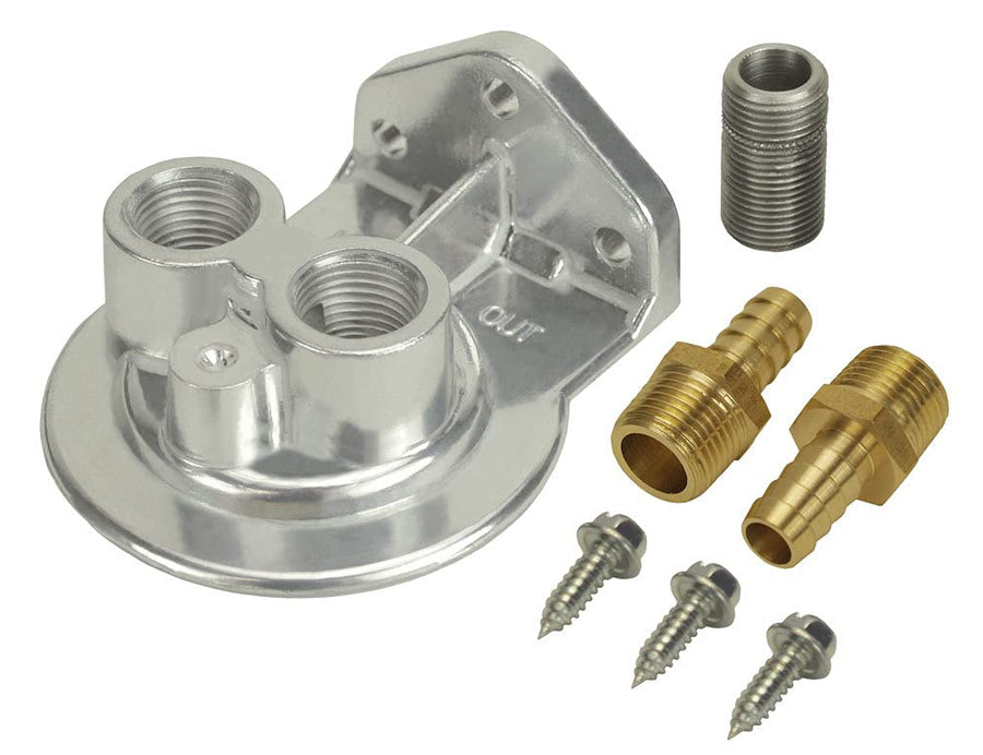 Ports Up Oil Filter Mount, 1/2 in NPT Female Ports, 3/4-16 in Center Thread, Aluminum, Polished, Universal, Kit