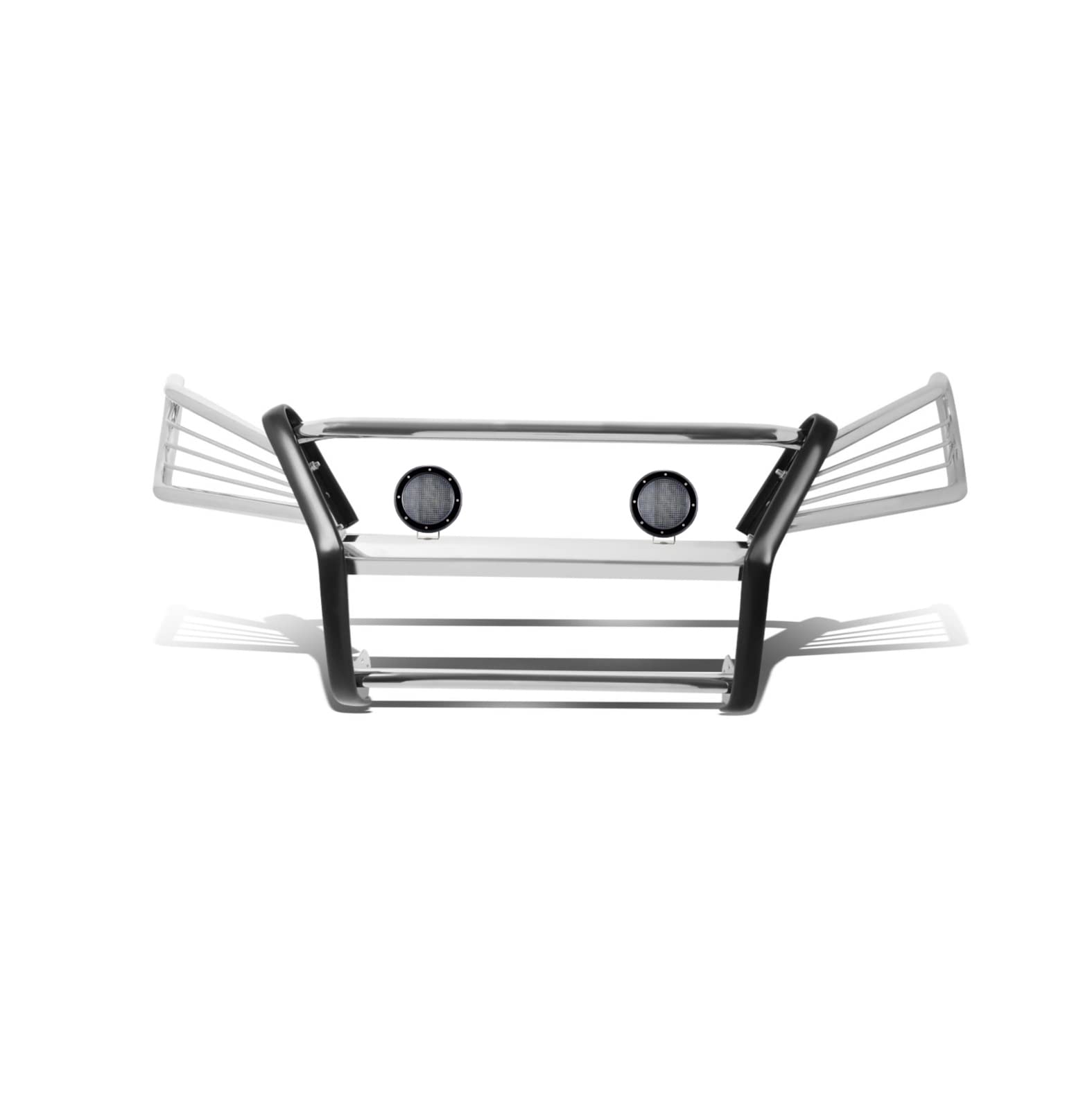 Grille Brush Black Horse Bumper Guard Modular Stainless Steel Come with Pair of 5.3" Dia.LED Lights with Black Trim Rings Compatible with 2004-2006 Lexus RX330|2007-2009 Lexus RX350-17G80330MSS-PLFB