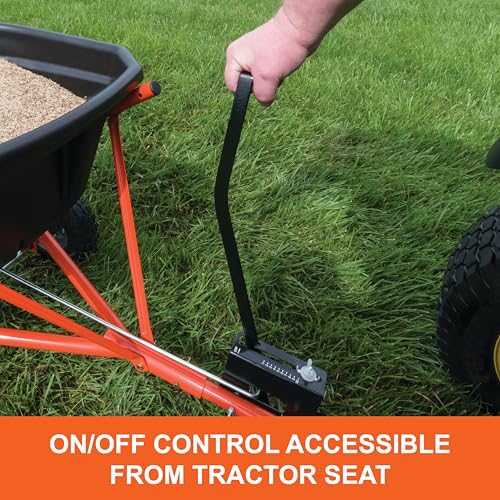 Tow-Behind Agri-Fab 45-0527 110 lb. Lawn & Garden Broadcast Spreader for Seed,Fertilizer,Salt,Ice Melt; Easy to use Flow Control from Seat of Riding Lawn Mower