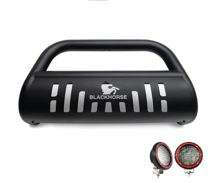 Bull Bar Black Horse Skid Plate Come with Pair of 5.3" Dia. LED Flood Lights with Red Trim Rings Compatible with 2004-2011 Mitsubishi Endeavor-CBB-MIB8001SP-PLFR
