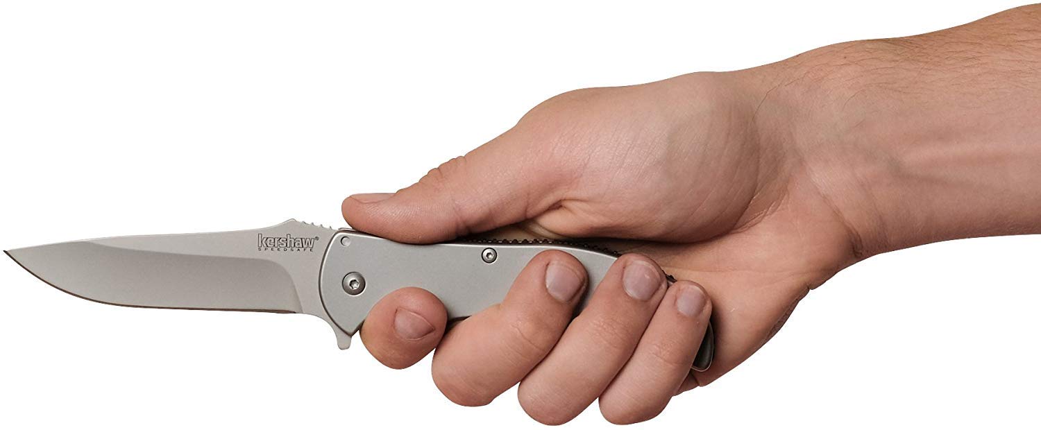 Kershaw Folding Volt SS Pocketknife, 3.5" 8Cr13MoV Stainless Steel Drop Point Plain Edge Blade, Assisted One Hand Opening, 3 Position Pocket Clip,Grey