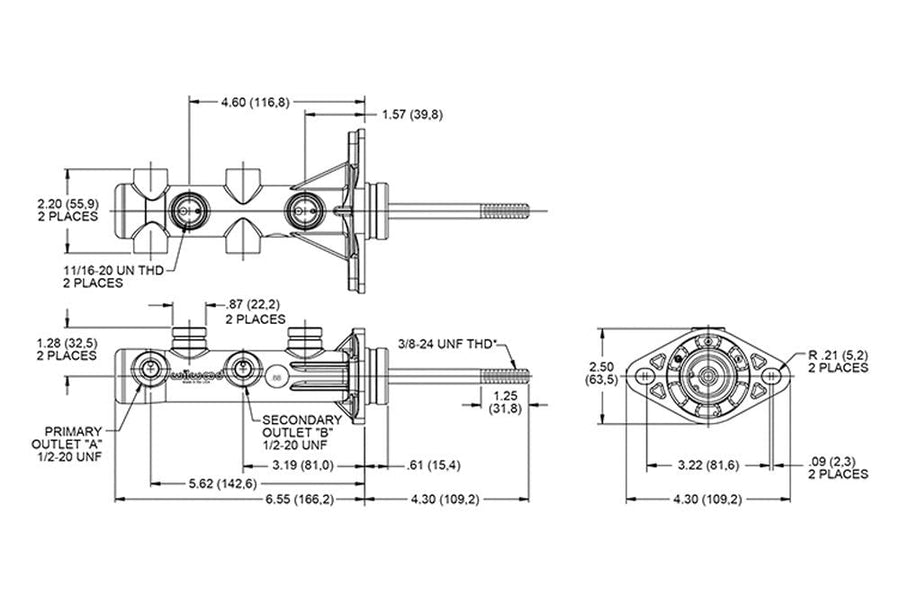 M/C Tandem Kit w L/H Brkt & Prop Valve - 1 1/8" Bore,Ball Burnished-W/Pushrod