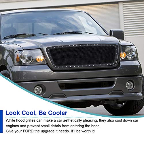 Black ABS & Stainless Steel Wire Mesh Rivet Bumper Grille Insert Spec-D Tuning Compatible with Ford F150 2004-2008, Lincoln Mark LT 2006-2008