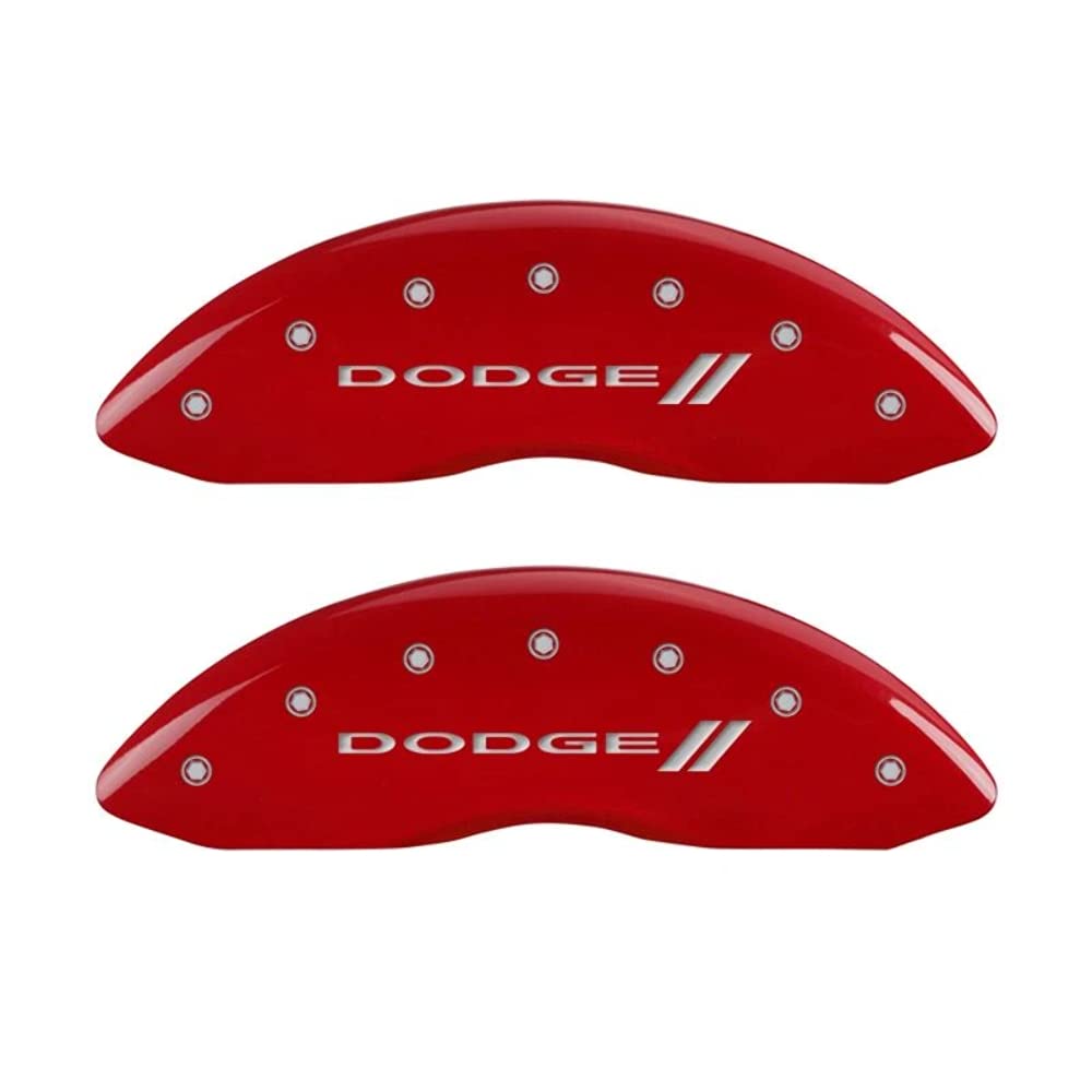 Brake Caliper Covers for 2011-2023 Dodge Challenger & 2011-2023 Dodge Charger - MGP Caliper Covers (Requires Dual Piston Front Caliper) Front and Rear Set - Engraved DODGE // Logo (Red)