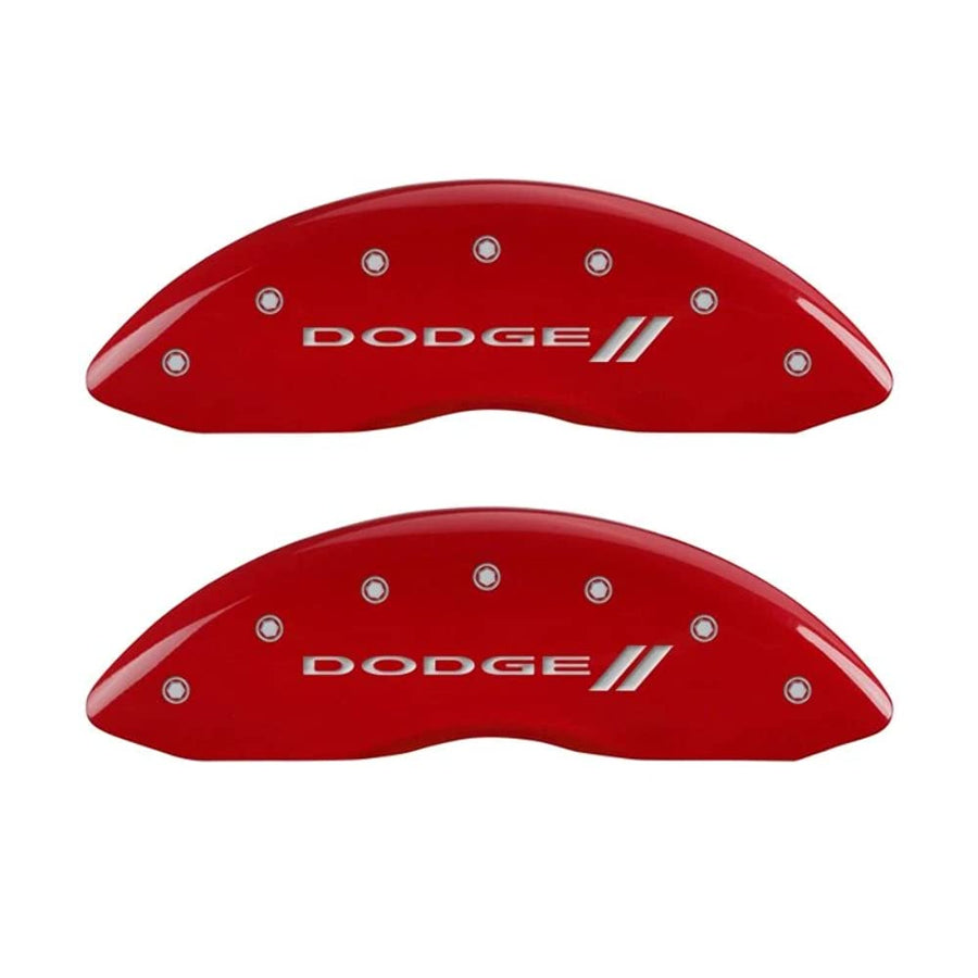 Brake Caliper Covers for 2011-2023 Dodge Challenger & 2011-2023 Dodge Charger - MGP Caliper Covers (Requires Dual Piston Front Caliper) Front and Rear Set - Engraved DODGE // Logo (Red)