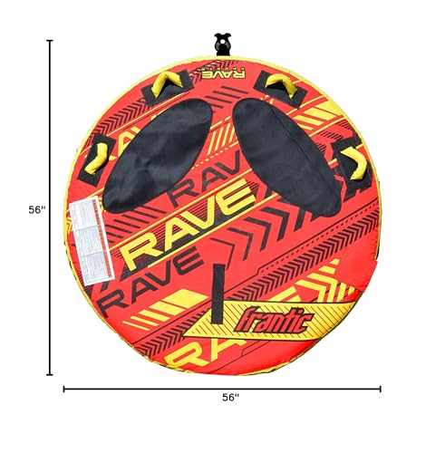 Frantic 2.0 RAVE Sports Inflatable Towable Tube, 1-2 Riders, Tapered Platform for Easy Boarding, Skim-Fast Bottom Coating, Foam-Filled Reinforced Handles, Neoprene Padding, Boat Towables-Tubes