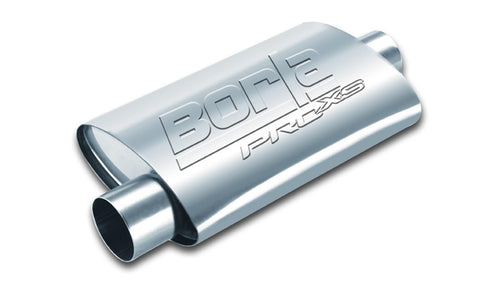 BORLA ProXS 40665 Universal Muffler 2.5" Offet Inlet / 2.5" Center Outlet 4" x 9.5" Oval x 19" Long Body 24" Overall Length Un-Notched Necks Reversible Design T-304 Stainless Steel Universal