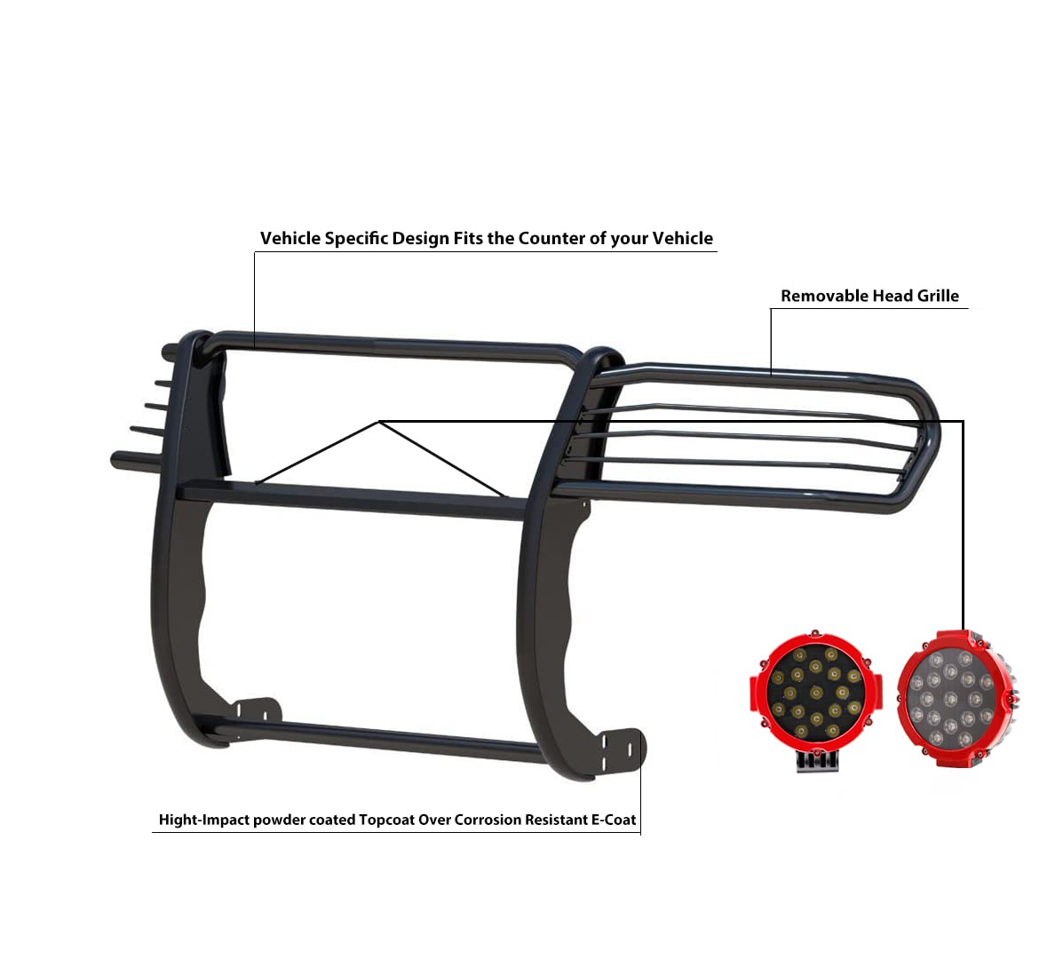 Bumper Guard Black Horse Grille Brush Modular Come with Pair of 7.0" Dia.LED Lights with Red Trim Rings Compatible with 2010-2024 Toyota 4Runner-17TU31MA-PLR