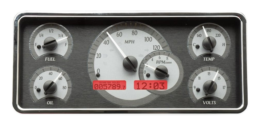 Dakota Digital VHX-63J-WAG-S-R Gauge Dash System Analog Compatible with Jeep 1963-72 Wagoneer & J Trucks, 1967-72 Jeepster Commando, Silver Alloy Style, Red Backlighting