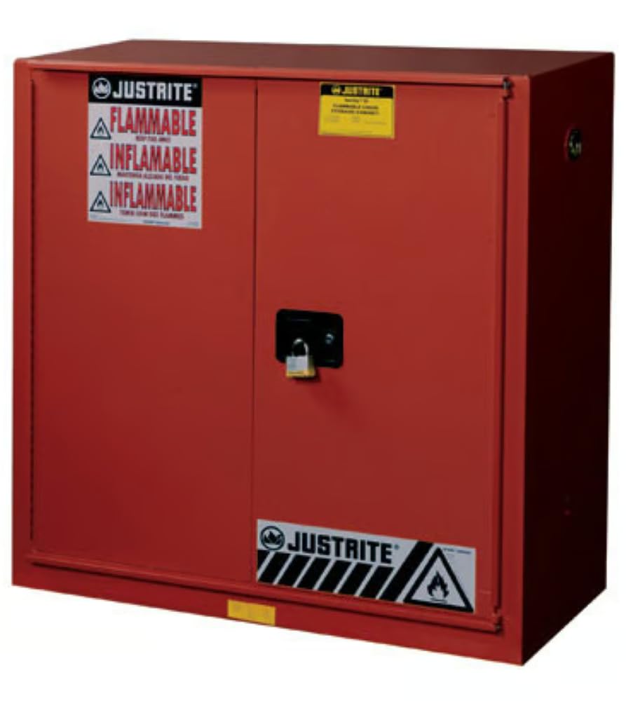 Justrite 40 Gallon Sliding Door Self Close Paint and Ink Safety Cabinet, 18 Gauge Steel, 3 Shelves, 43" x 44" x 18", 1 Door Combustibles Cabinet, Made in The USA, Red, 893091