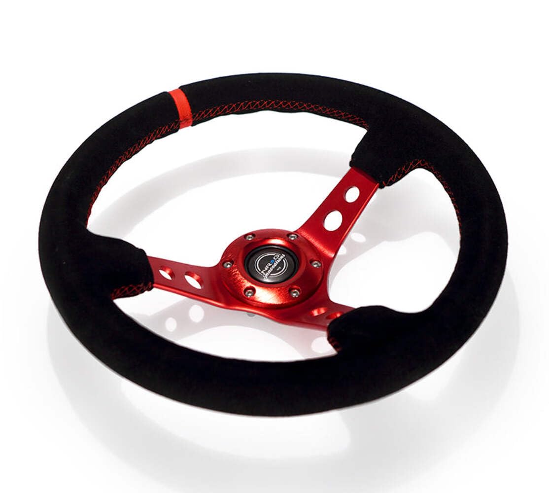 NRG Innovations Reinforced NRG-RST-006S-RD Steering Wheel - 350mm Sport Steering Wheel (3" Deep) - Red Spoke with Round Holes, Black Leather, Red Stitching/Center Mark
