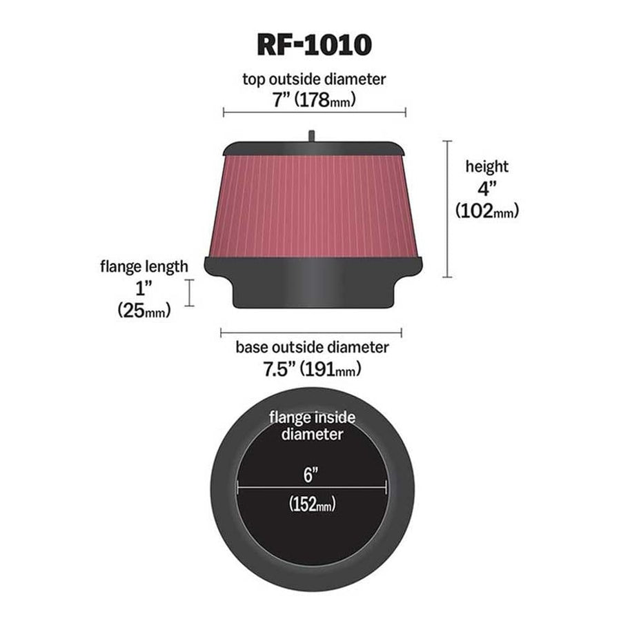 K&N Clamp-On Universal Filter: High Performance, Premium, Washable, Replacement Engine Filter: Flange Diameter: 6 In, Filter Height: 4 In, Flange Length: 1 In, Shape: Round Tapered, RF-1010