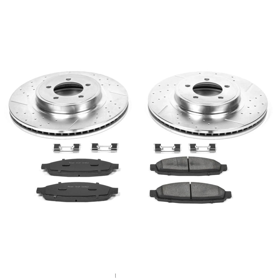 Power Stop K3024 Z23 Carbon Fiber Brake Pads Front with Drilled & Slotted Brake Rotors Kit For Lincoln Aviator 2003-2005 [Model Specific]