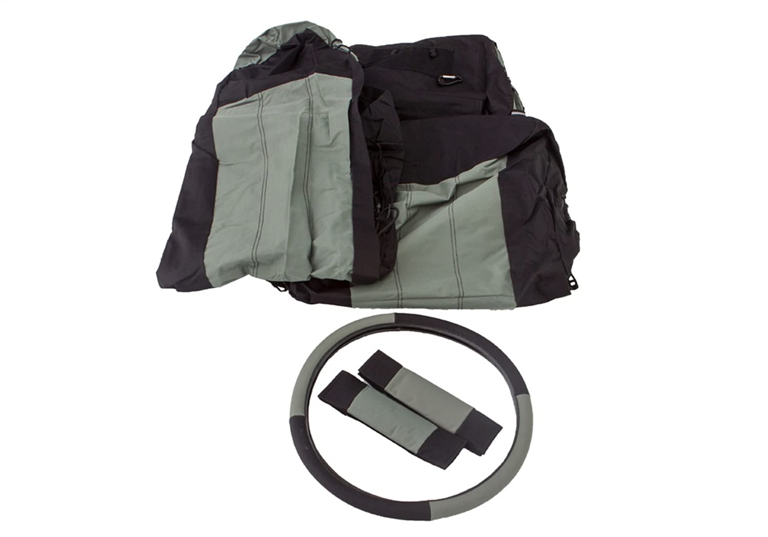 RAMPAGE PRODUCTS Steering Wheel Cover, Front Seat Covers, and Belt Pads for Jeep Wrangler TJ | Black/Grey, Polycanvas | 5056521 | Fits 1987-1995 Jeep Wrangler YJ / 1997-2002 Jeep Wrangler TJ
