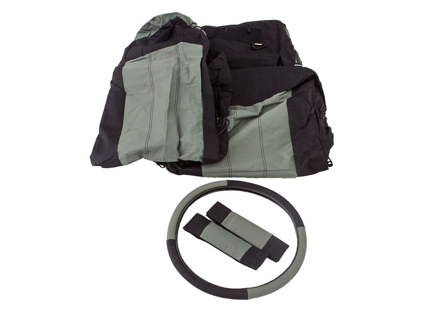 RAMPAGE PRODUCTS Steering Wheel Cover, Front Seat Covers, and Belt Pads for Jeep Wrangler TJ | Black/Grey, Polycanvas | 5056521 | Fits 1987-1995 Jeep Wrangler YJ / 1997-2002 Jeep Wrangler TJ