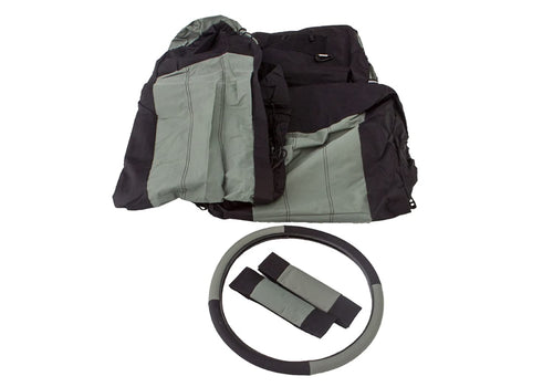 RAMPAGE PRODUCTS Steering Wheel Cover, Front Seat Covers, and Belt Pads for Jeep Wrangler TJ | Black/Grey, Polycanvas | 5056521 | Fits 1987-1995 Jeep Wrangler YJ / 1997-2002 Jeep Wrangler TJ
