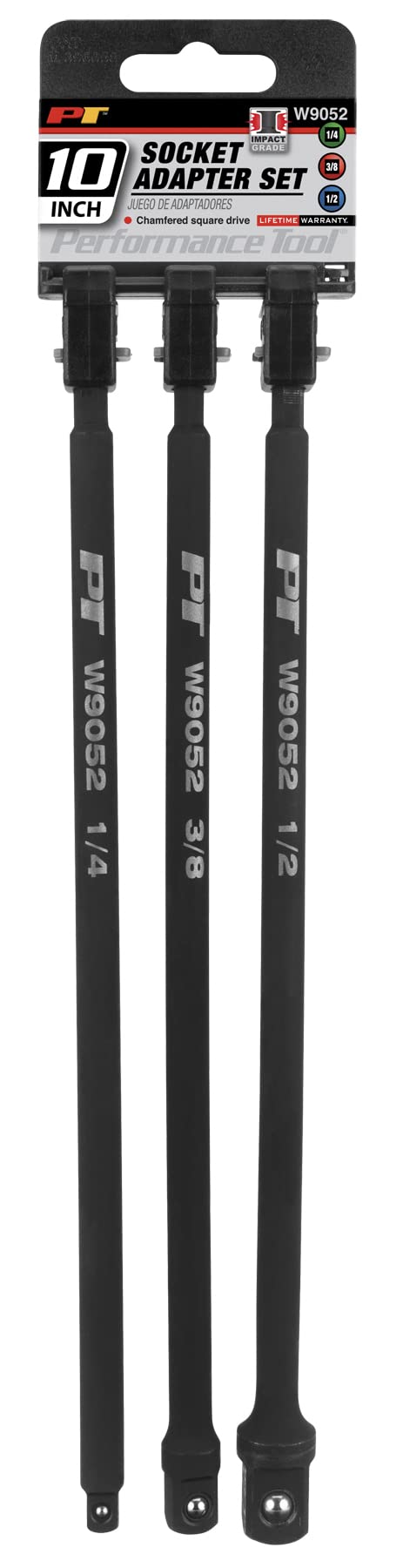 10-Inch Performance Tool W9052 Socket Adapter Set (3 Pieces) Chamfered Square Drive in 1/4, 3/8 and 1/2-Inch Drive Sizes, Ideal for Extending Reach and Flexibility of Power Tools and Hand Tools