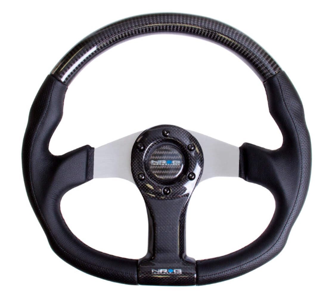 NRG Innovations Carbon Fiber NRG-ST-013CFSL Steering Wheel 350mm, Silver Oval Shape with Leather Trim