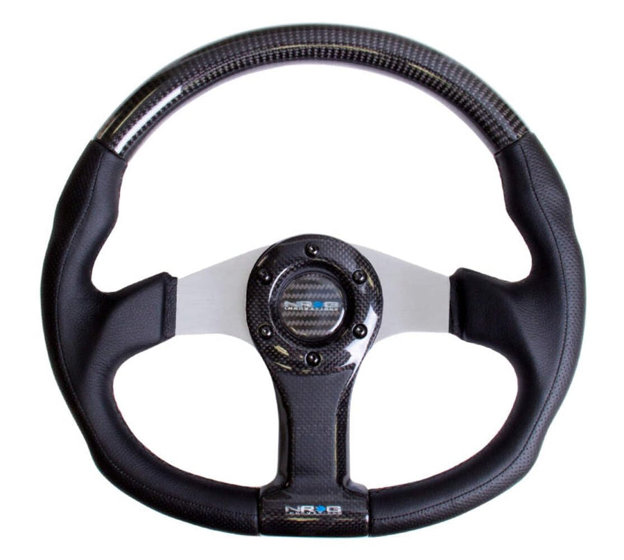 NRG Innovations Carbon Fiber NRG-ST-013CFSL Steering Wheel 350mm, Silver Oval Shape with Leather Trim
