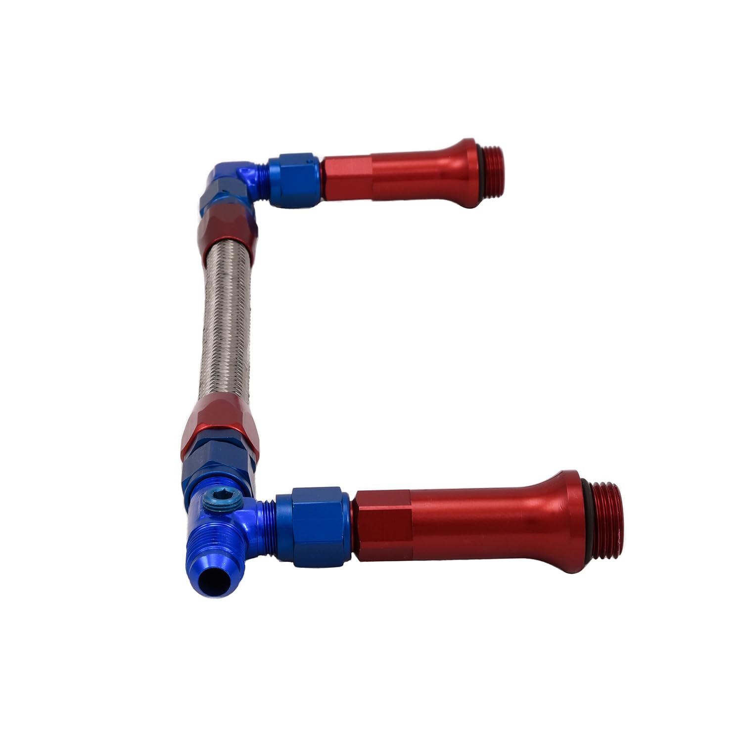 Carburetor Fuel Line SpeedFX 575106, Used With Holley Ultra HP Dual Inlet Carburetor, 6AN x 3/8 Inch NPT Port, Anodized, Red/Blue, Stainless Steel Braided Hose