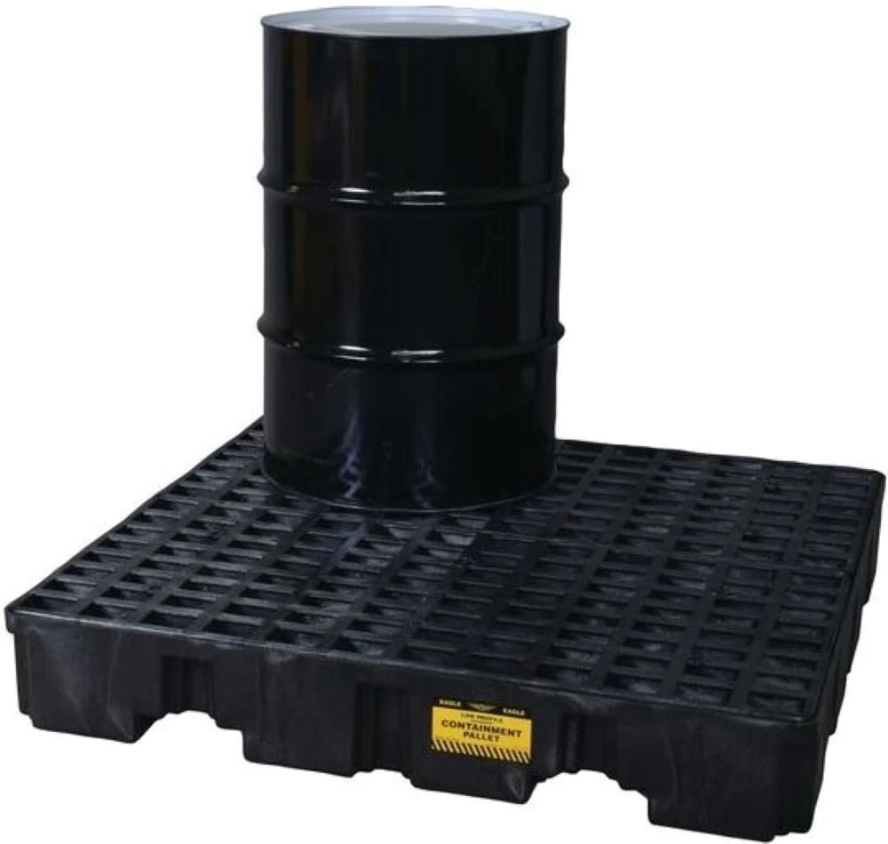 4 Eagle Drum Spill Containment Pallet with Forklift Pockets, 51.5"x51.5"x8", 66 Gallon Sump, 8,000 lbs. Load Capacity Secondary Containment Pallet, Made in USA, Black, 1645BND