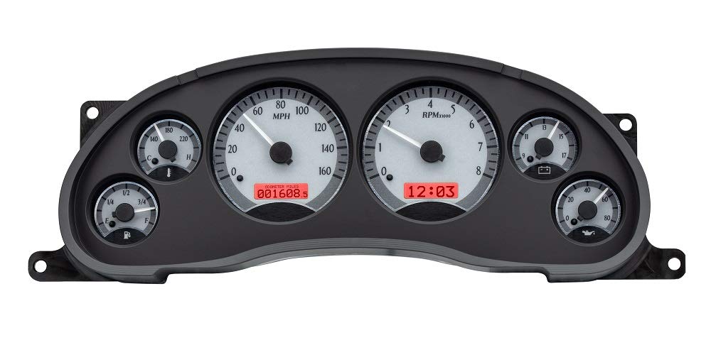 Dakota Digital VHX-94F-MUS-S-R Analog Dash Gauge System Compatible with 1994-2004 Ford Mustang Silver Alloy Style Red Backlighting