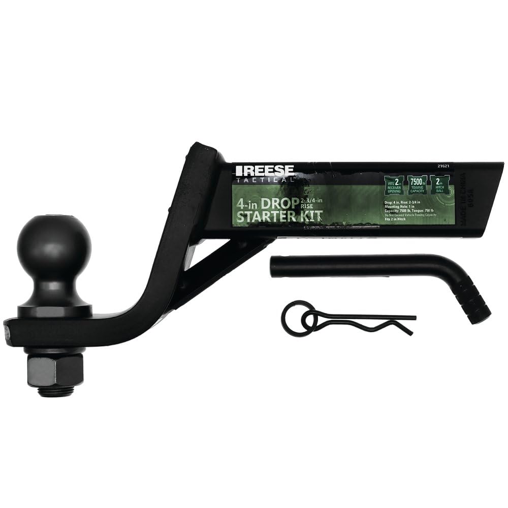 Reese Tactical Trailer Hitch Ball Mount Starter Kit 21621, Fits 2 Inch Square Receiver, 4 Inch Drop, 7,500 lbs. Capacity, Includes 2 Inch Trailer Ball and Pin & Clip