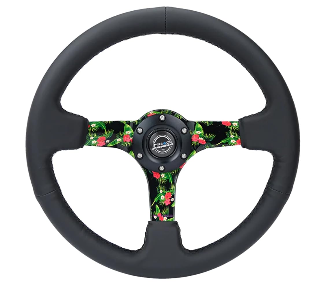 NRG Innovations Reinforced NRG-RST-036TROP-R Steering Wheel 3" Deep, 5mm Matte Black Spoke, 350mm Black Leather with Black Criss Cross Stitching and Yellow Center Mark