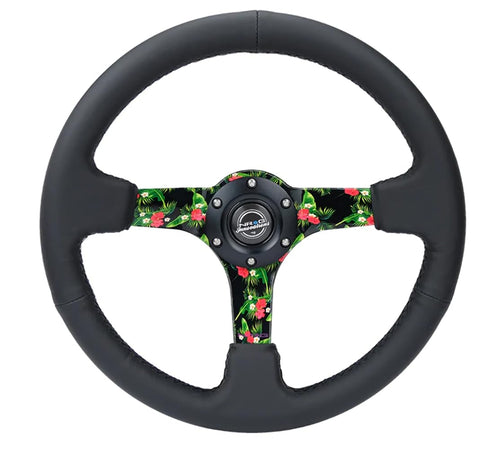 NRG Innovations Reinforced NRG-RST-036TROP-R Steering Wheel 3" Deep, 5mm Matte Black Spoke, 350mm Black Leather with Black Criss Cross Stitching and Yellow Center Mark