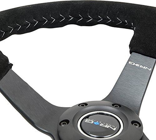 NRG Innovations Reinforced Steering Wheel NRG-RST-036MB-S-SL 3" Deep, 5mm Matte Black Spoke, 350mm Sport Steering Wheel Black Suede With Silver Baseball Stitching
