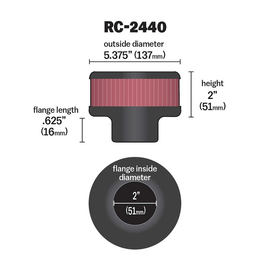 High-Flow K&N Original Lifetime Universal Clamp-On Air Filter: High Performance, Premium, Washable: Flange Diameter: 2 In, Filter Height: 2 In, Flange Length: 0.625 In, Shape: Round, RC-2440