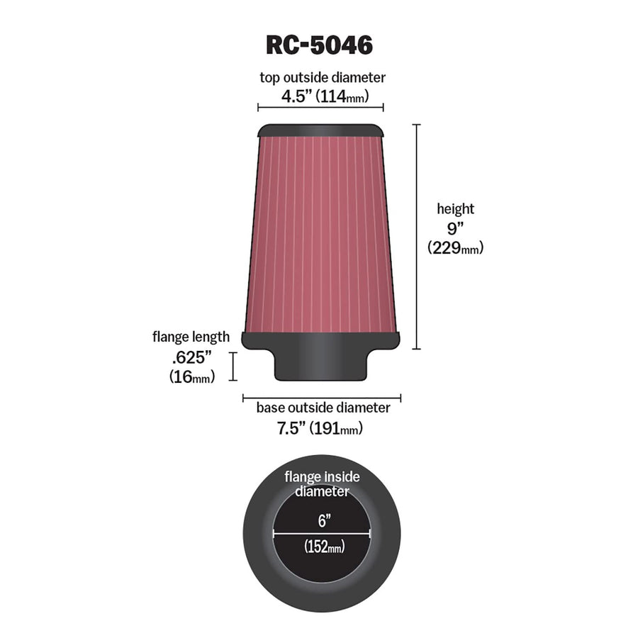 High-Flow K&N Original Lifetime Universal Clamp-On Air Filter: High Performance, Premium, Washable: Flange Diameter: 6 In, Filter Height: 9 In, Flange Length: 0.625 In, Shape: Round Tapered, RC-5046