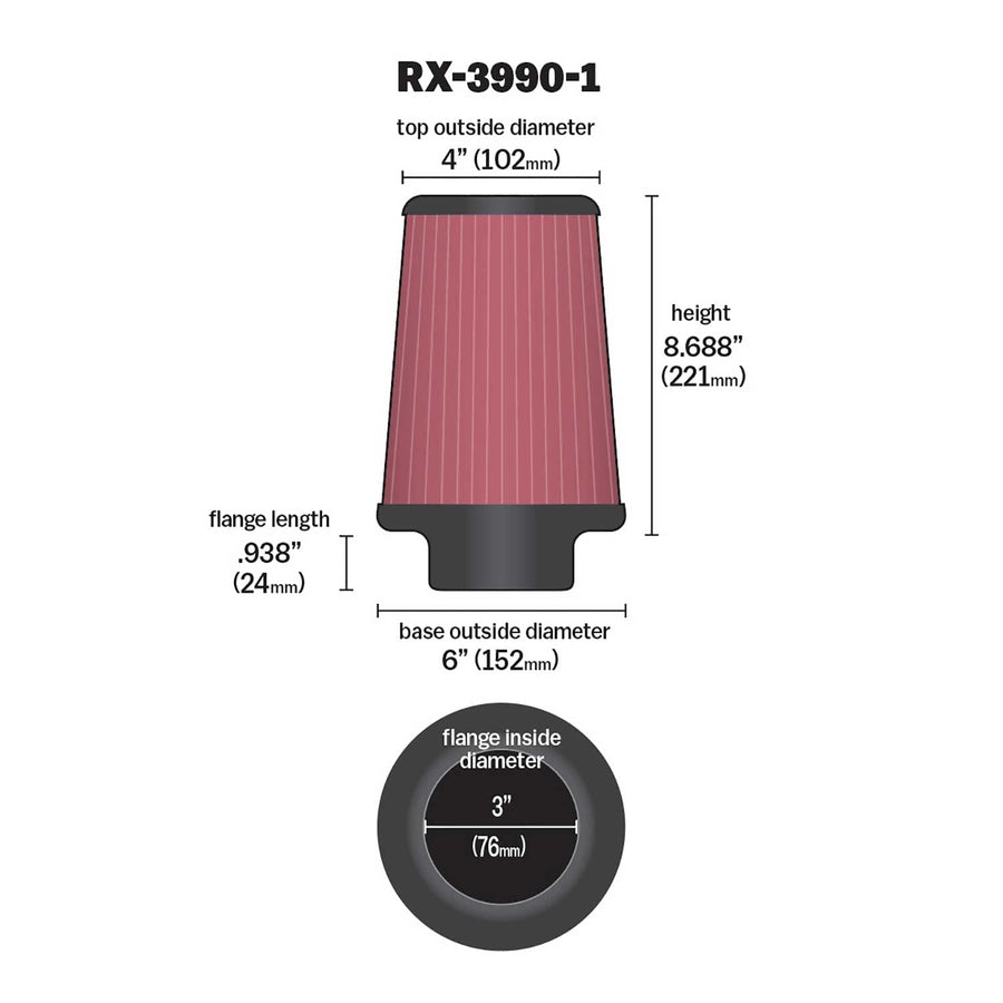 High-Flow K&N Original Lifetime Universal Clamp-On Air Filter: Performance, Premium, Washable: Flange Diameter: 3 In, Filter Height: 8.688 In, Flange Length: 0.938 In, Shape: Round Tapered, RX-3990-1