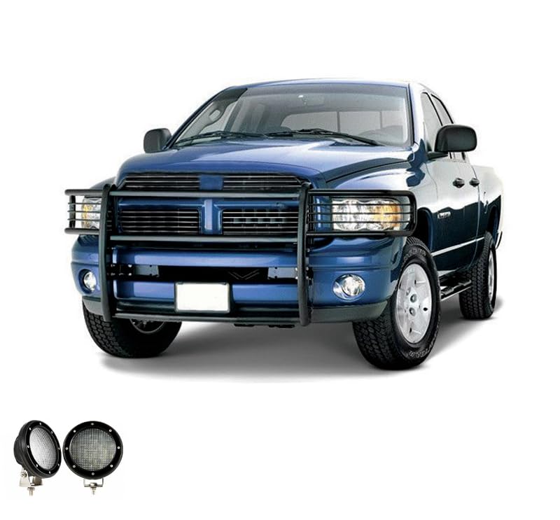 Grille Brush Black Horse Bumper Guard Modular Black Come with Pair of 5.3" Dia.LED Lights with Black Trim Rings Compatible with 2003-2005 Dodge Ram 1500/2500/3500-17DG105MA-PLFB