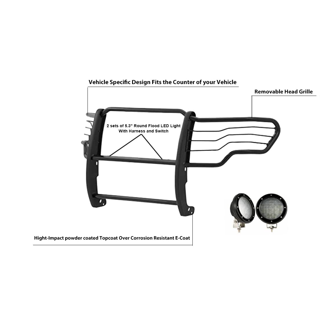 Bumper Guard Modular Black Horse Grille brush Come with Pair of 5.3" Dia.LED Lights with Black Trim Rings Compatible with 2009-2014 Ford F-150-17FP30MA-PLFB