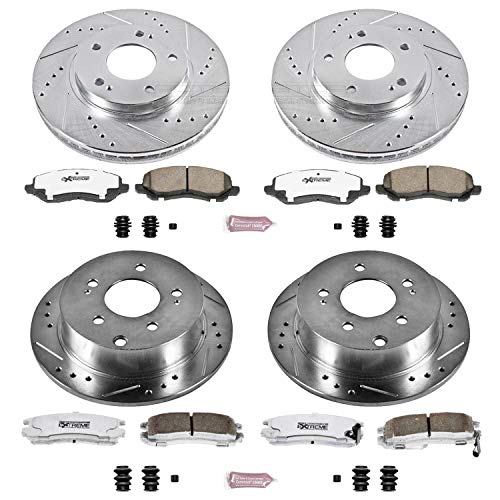 Power Stop K2395-26 Z26 Carbon Fiber Brake Pads Front and Rear with Drilled & Slotted Brake Rotors Kit For Mitsubishi Galant 2004-2012 [Model Specific]