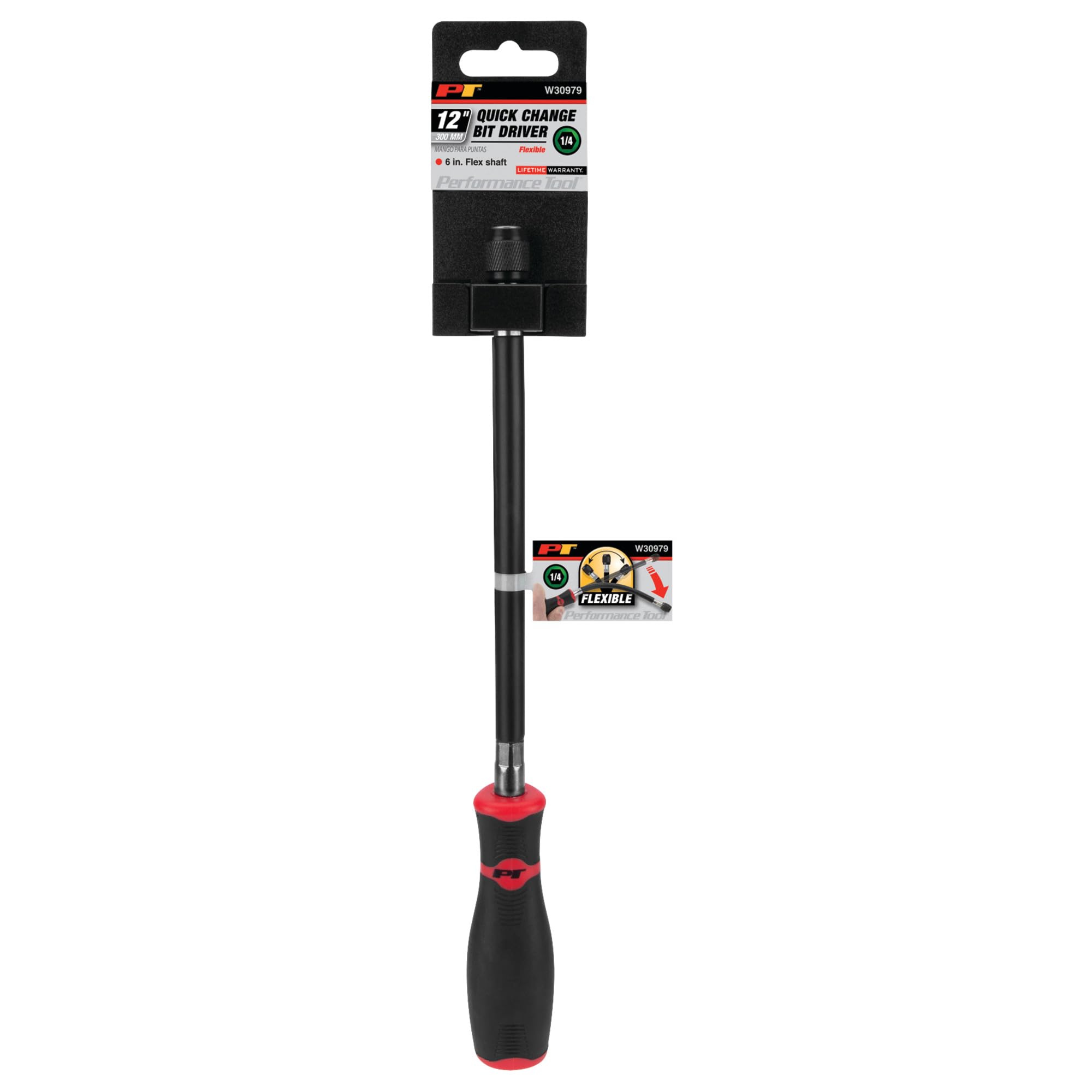 12-Inch Performance Tool W30979 Flexible Screwdriver - 1/4-Inch Drive Quick Release Bit Holder Head - Strong and Flexible Shaft - Allows for Access to Tight and Confined Spaces