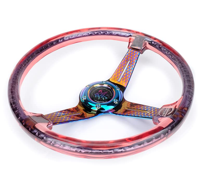NRG Innovations Reinforced Steering Wheel NRG-RST-027GM-RD 350mm 2" Deep Dish Clear Acrylic in Red and Geometric NeoChrome Spoke Finish with Slits
