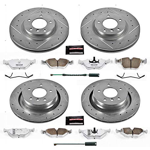 Power Stop K2841-26 Z26 Carbon Fiber Brake Pads Front and Rear with Drilled & Slotted Brake Rotors Kit and 1 Front & 1 Rear Sensor Wires For BMW Z3 1998-2002 [Model Specific]
