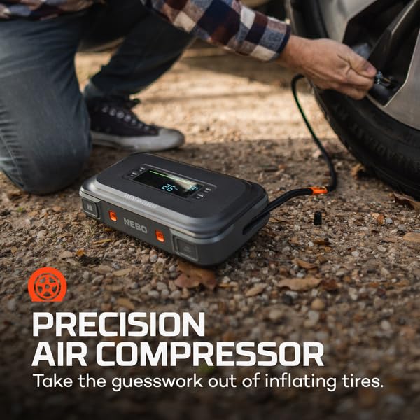 NEBO Air Assist 2000XP Jump Starter and Compressor | 55.5Wh Power Supply Box Restarts 12V Battery Vehicles, 150 PSI Inflates Tires, Integrated Floodlight, USB Ports, TSA Approved