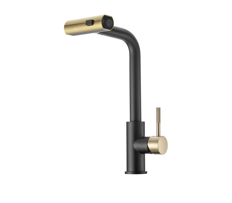 Dura Faucet Rainfall (DF-MK511X-MBMG) RV Kitchen Faucet – Matte Black/Matte Gold, Dual-Mode Rotating Spray Head (Wide Waterfall & Stream), Single Lever Handle, Lead-Free, Easy Install Sink Faucet