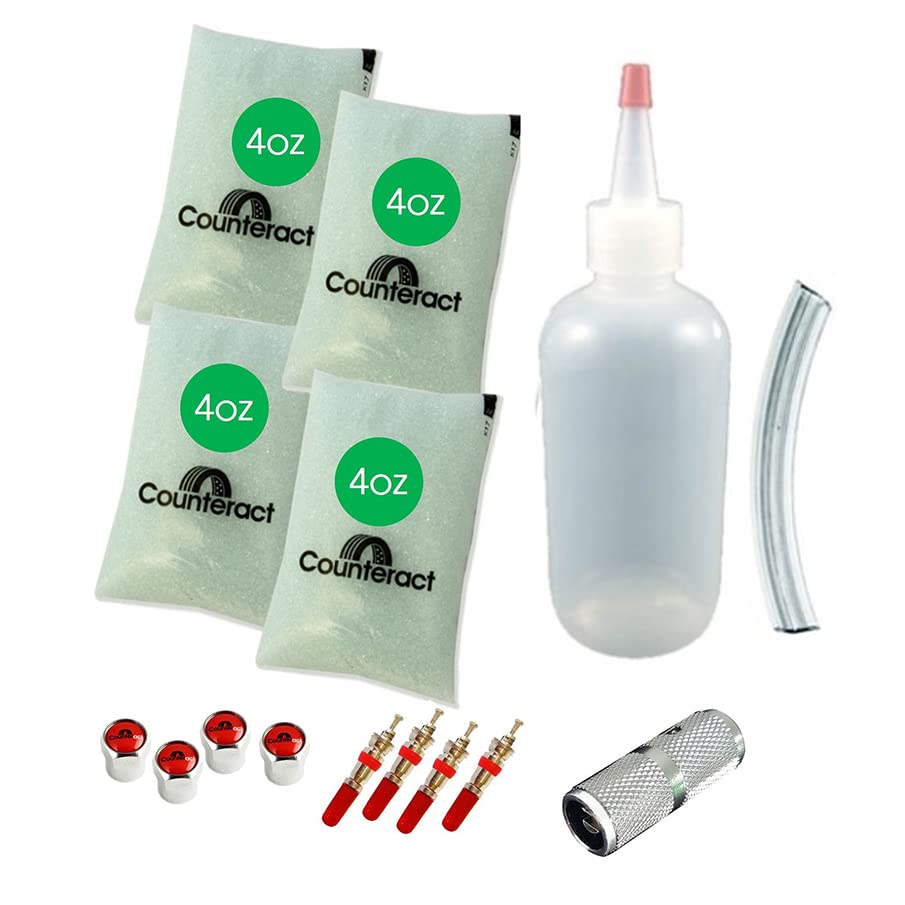 DIY Tire/Wheel Balancing Beads Kit Counteract DIYTK4-4 – for All Trailers, Includes (4) 4oz Bead Bags, (4) Valve Caps & Cores, (1) Core Remover, & Injector Bottle