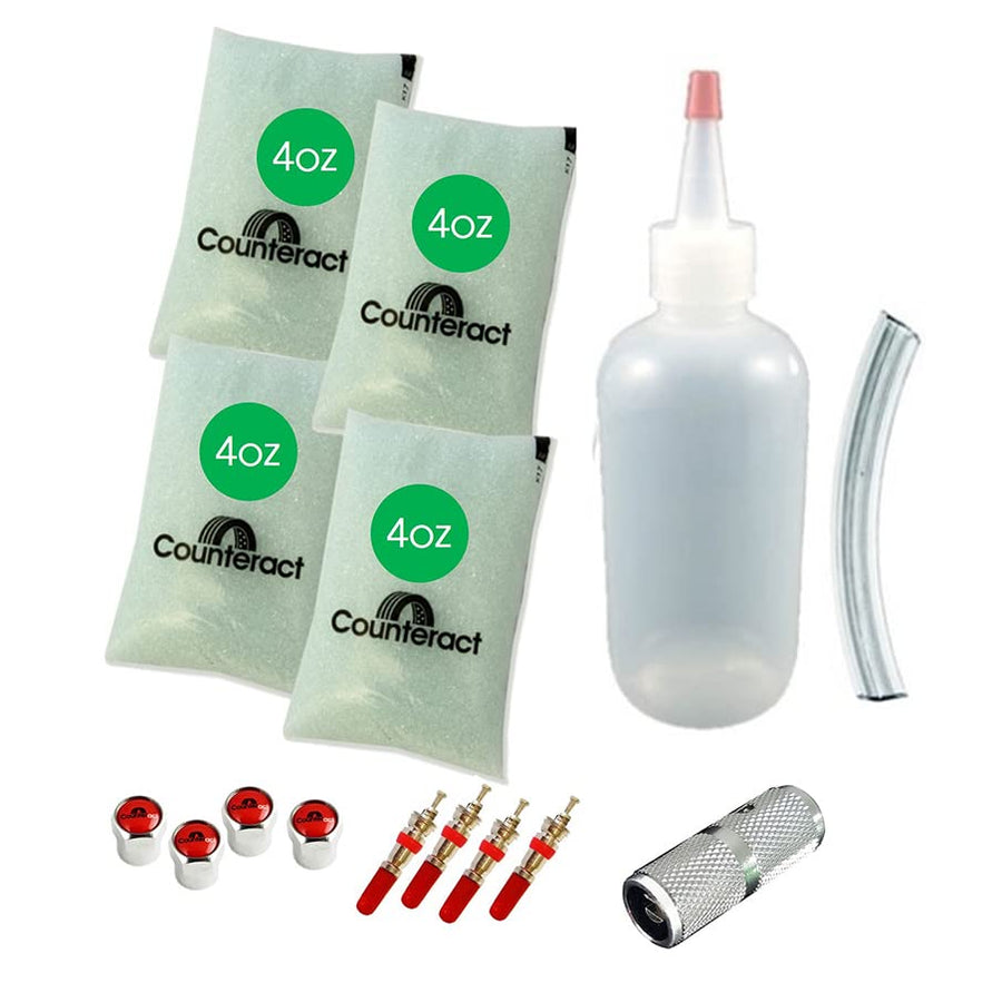 DIY Tire/Wheel Balancing Beads Kit Counteract DIYTK4-4 – for All Trailers, Includes (4) 4oz Bead Bags, (4) Valve Caps & Cores, (1) Core Remover, & Injector Bottle