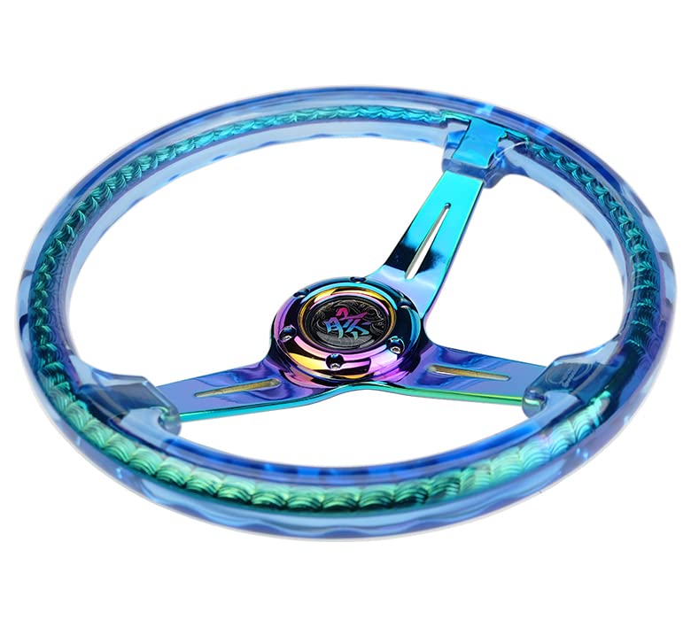 NRG Innovations Reinforced Steering Wheel NRG-RST-027MC-BL 350mm 2" Deep Dish Clear Acrylic Steering Wheel in Blue and NeoChrome Spoke Finish with Slits