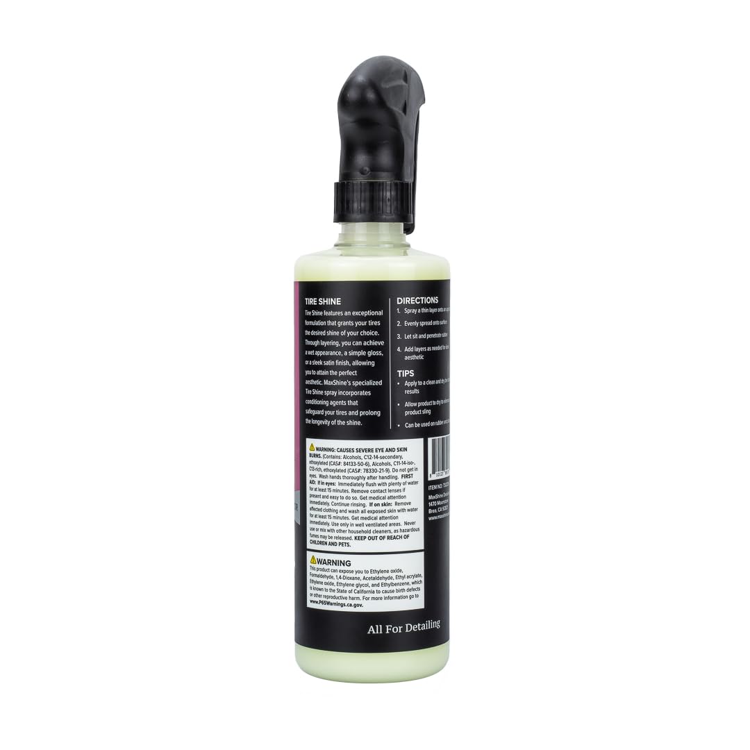 Tire Shine Maxshine 16oz | Acrylic Formula Tire Dressing with UV Protection | No-Sling, Dry-to-The-Touch Finish | Gloss Enhancer Nourishes Rubber & Protects Tires | Professional Car Detailing Supply