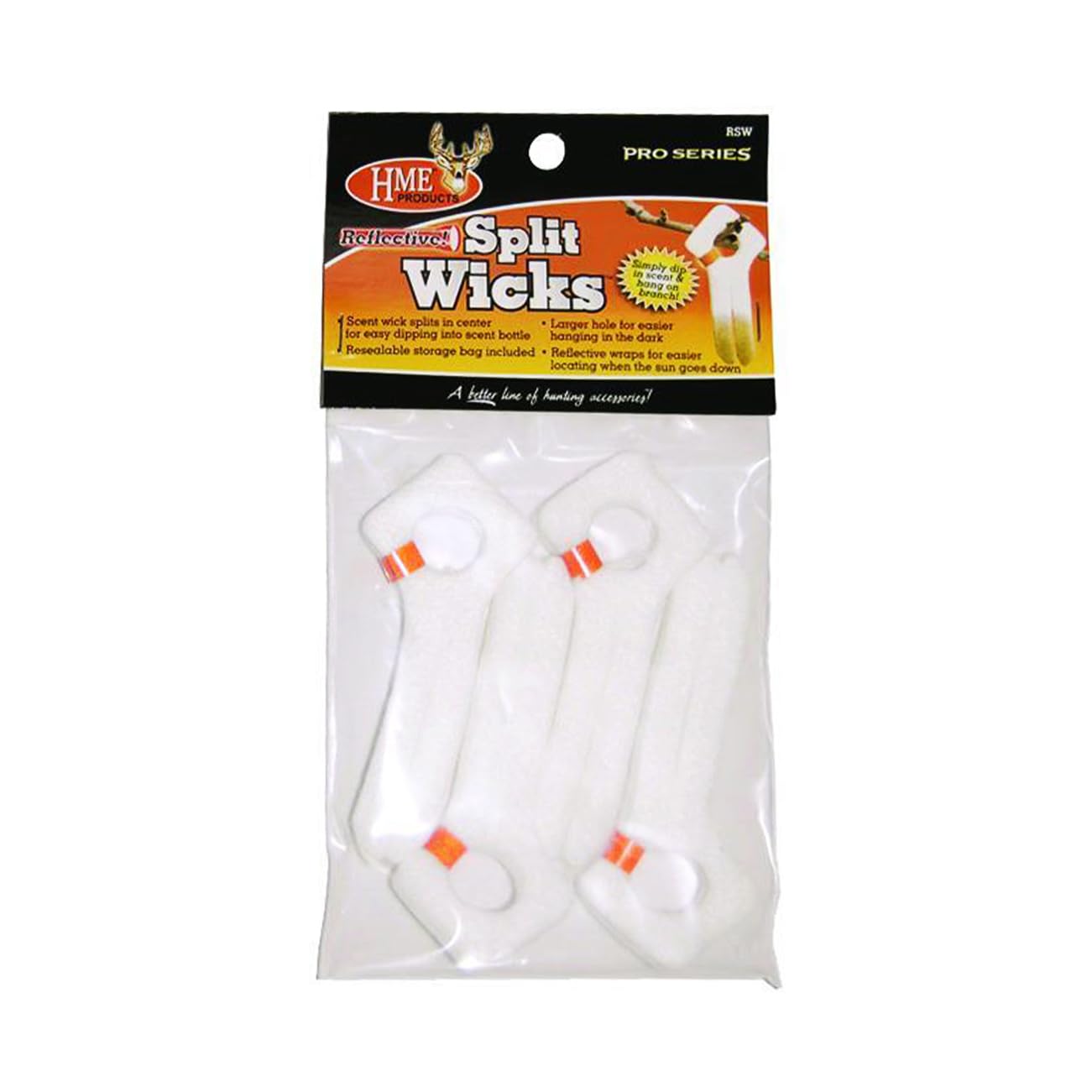 Reflective HME Split Wick for Hunting (Pack of 4) | Easy-to-Dip Scent-Absorbing Wicks with Large Hang Hole & Highly Reflective Orange Band