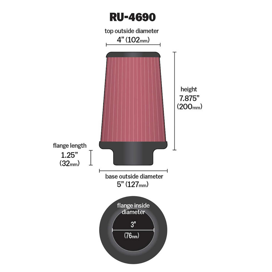 High-Flow K&N Original Lifetime Universal Clamp-On Air Filter: Performance, Premium, Washable: Flange Diameter: 3 In, Filter Height: 7.875 In, Flange Length: 1.250 In, Shape: Round Tapered, RU-4690