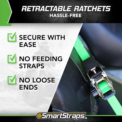 Retractable Ratchet Tie Down Straps SMARTSTRAPS (4 PK) 1,500lb Break Strength, 500lb Safe Work Load, Standard Duty, Secure and Haul ATVs, Lawn Tractors, Cargo, Boxes and Other Small Equipment