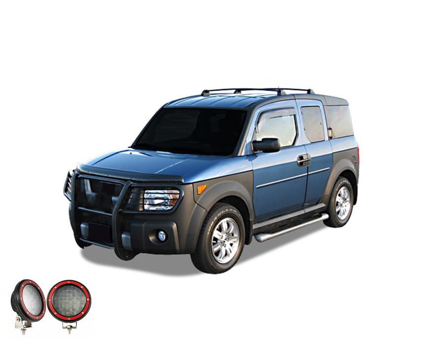 Bumper Guard Black Horse Grille Brush Modular Black Come with Pair of 5.3" Dia.LED Lights with Red Trim Rings Compatible with 2003-2008 Honda Element-17A155900MA-PLFR