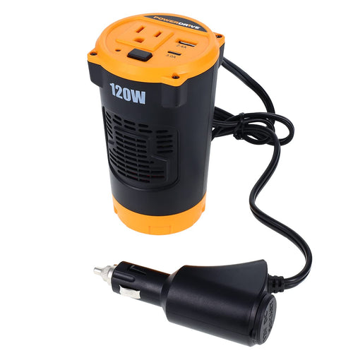 PowerDrive 120 Watt PWD120C Inverter for Cup Holders 12-Volt DC to 110v AC with Outlet and 2 Ports